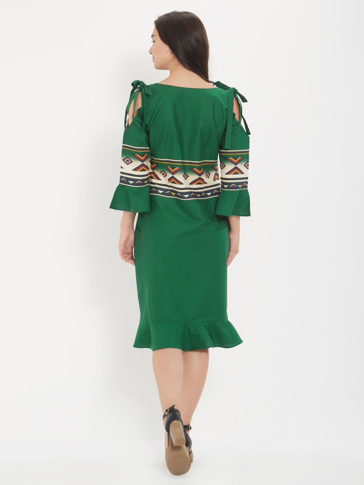 Elegore Exclusive Cotton Solid Green Aztec Printed Midi Dress