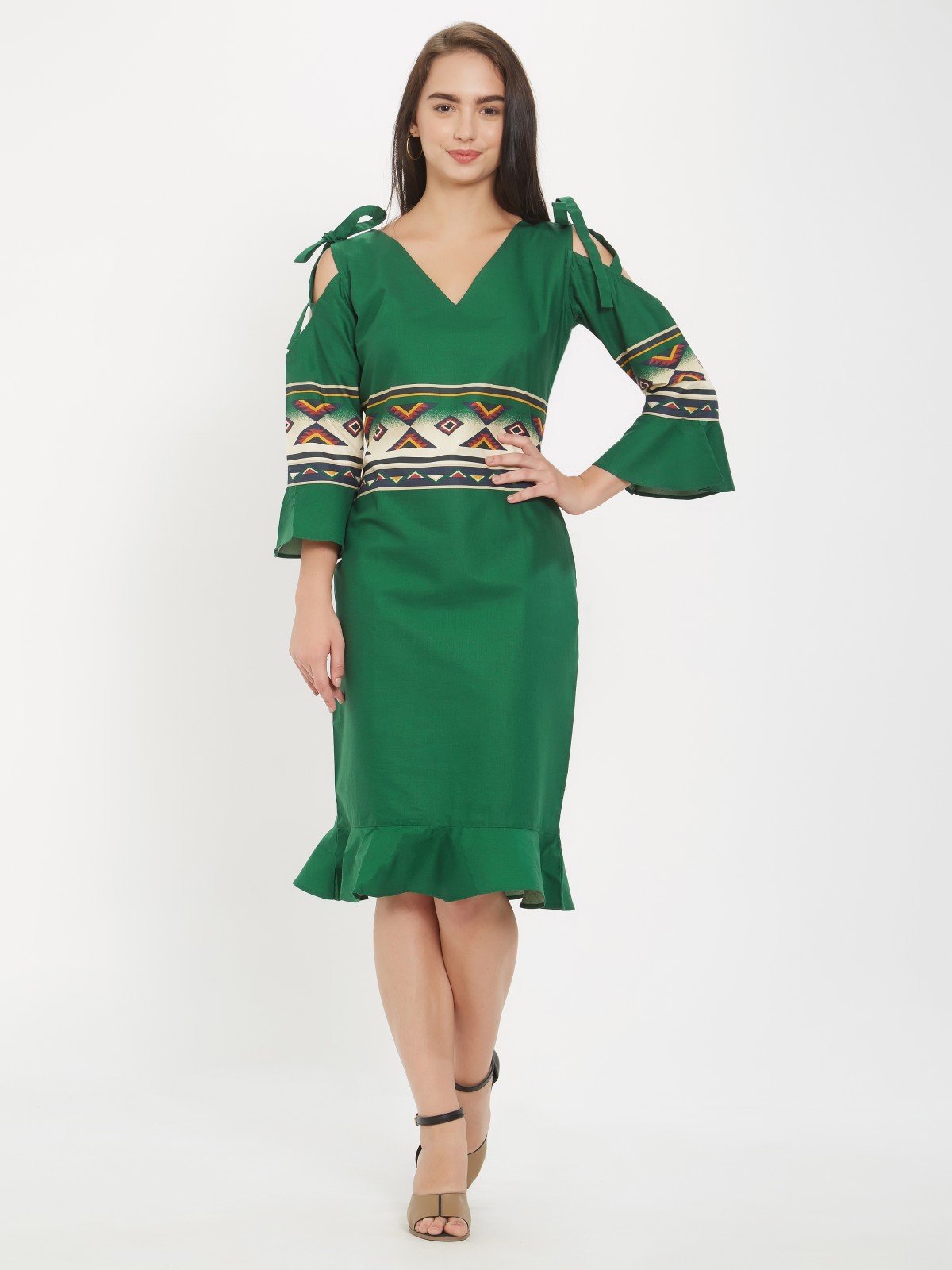 Elegore Exclusive Cotton Solid Green Aztec Printed Midi Dress