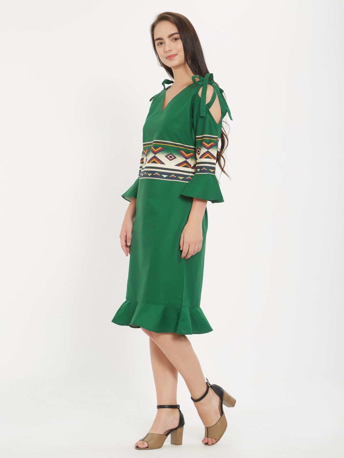 Elegore Exclusive Cotton Solid Green Aztec Printed Midi Dress