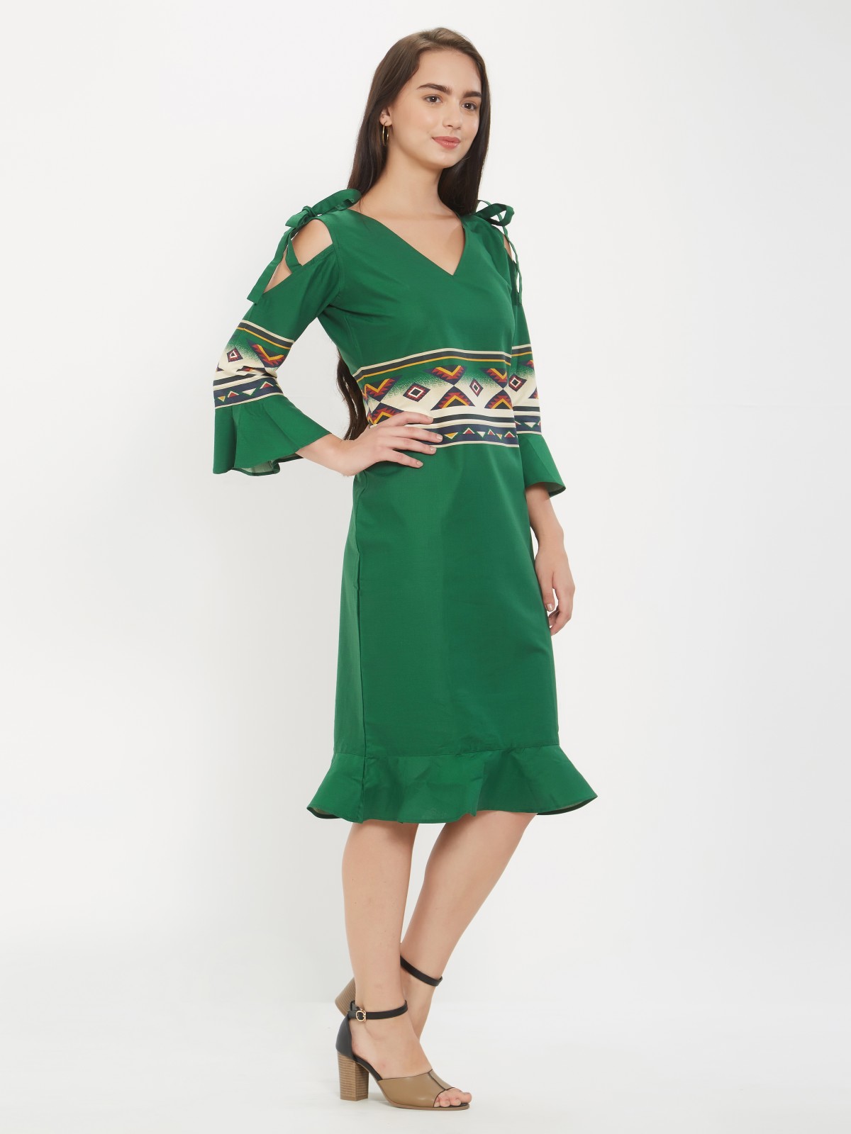 Elegore Exclusive Cotton Solid Green Aztec Printed Midi Dress