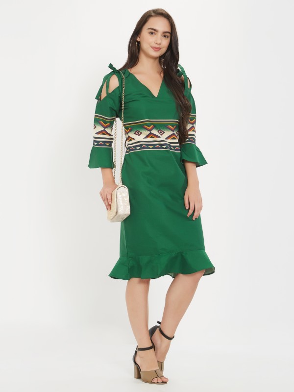 Elegore Exclusive Cotton Solid Green Aztec Printed Midi Dress