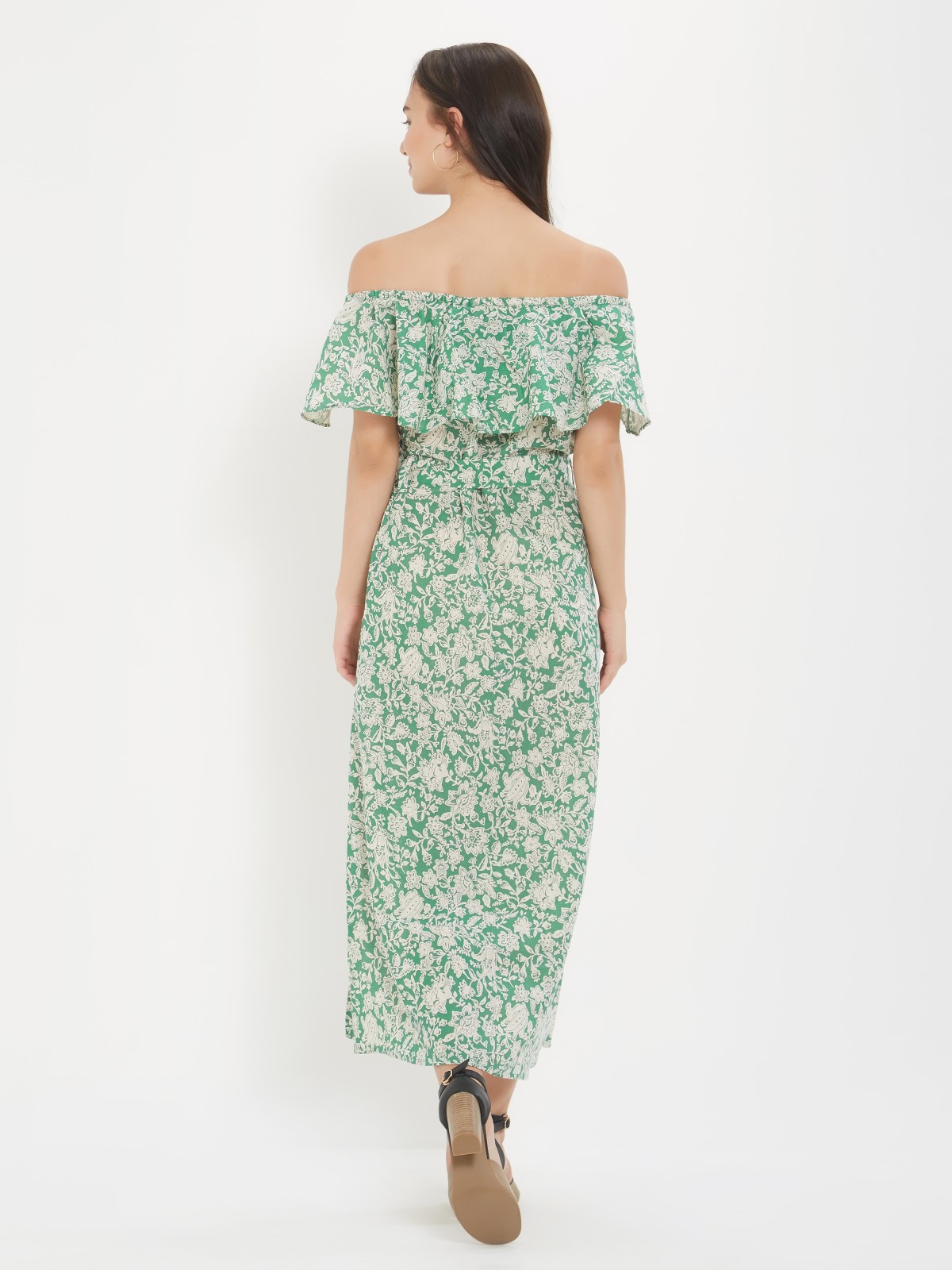 Light Green Floral Printed Off Shoulder Cotton Linen One Piece Dress