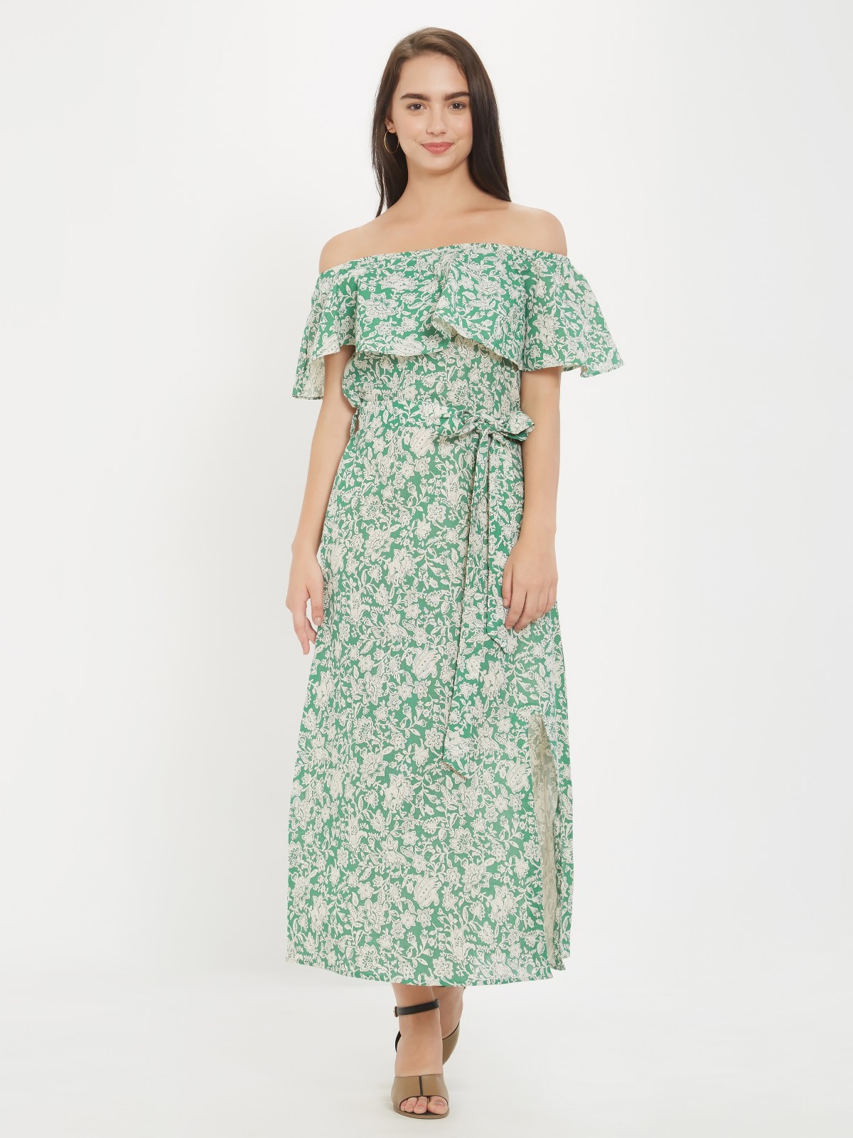 Light Green Floral Printed Off Shoulder Cotton Linen One Piece Dress