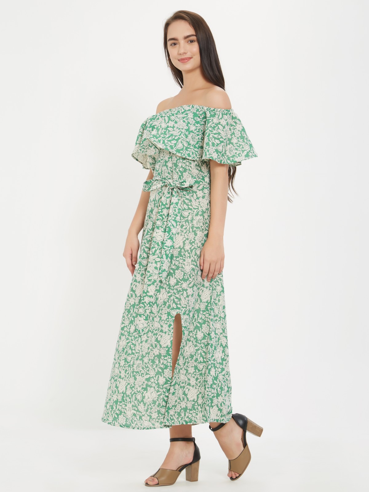 Light Green Floral Printed Off Shoulder Cotton Linen One Piece Dress