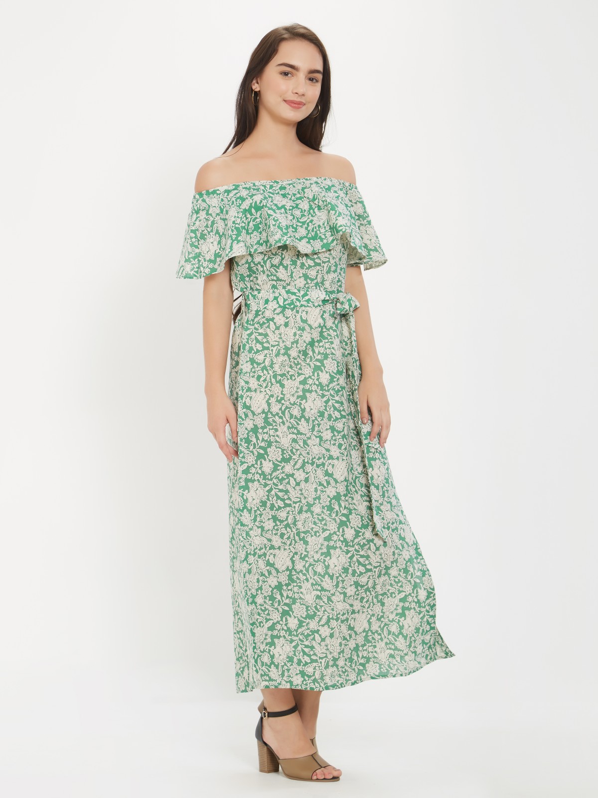 Light Green Floral Printed Off Shoulder Cotton Linen One Piece Dress