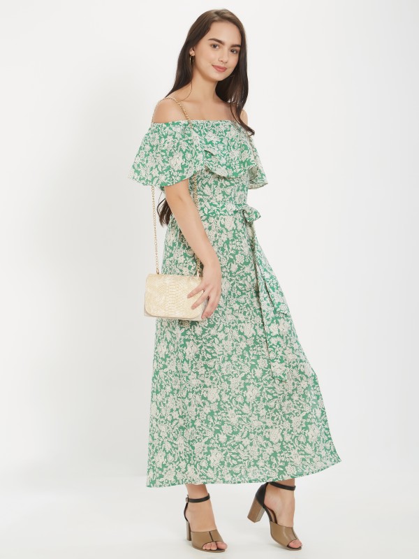 Light Green Floral Printed Off Shoulder Cotton Linen One Piece Dress