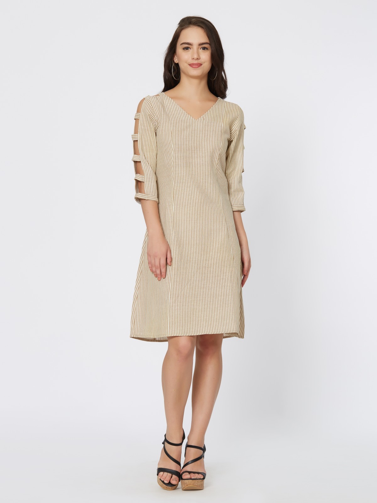 Open Shoulder Ladder Cutout Sleeve One Piece Cotton Linen Dress