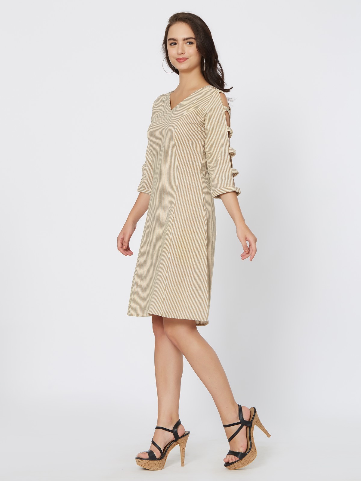 Open Shoulder Ladder Cutout Sleeve One Piece Cotton Linen Dress