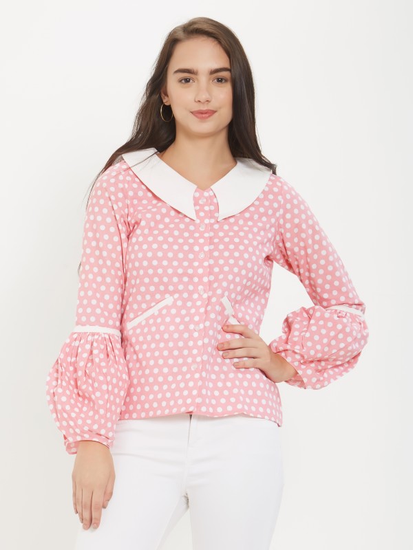  Exclusive Cotton Linen Vintage Styled Pink Polka Dots Top