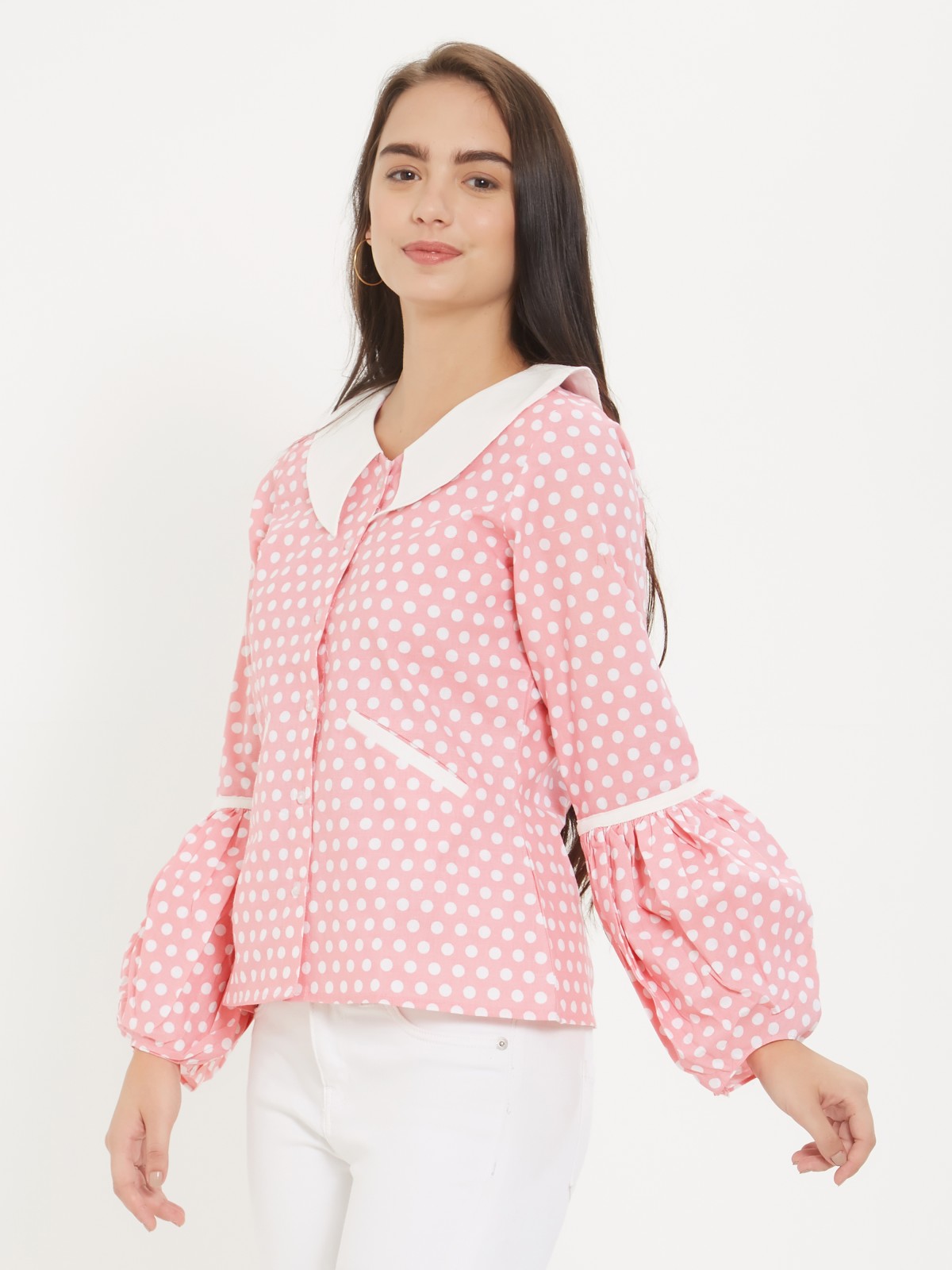  Exclusive Cotton Linen Vintage Styled Pink Polka Dots Top