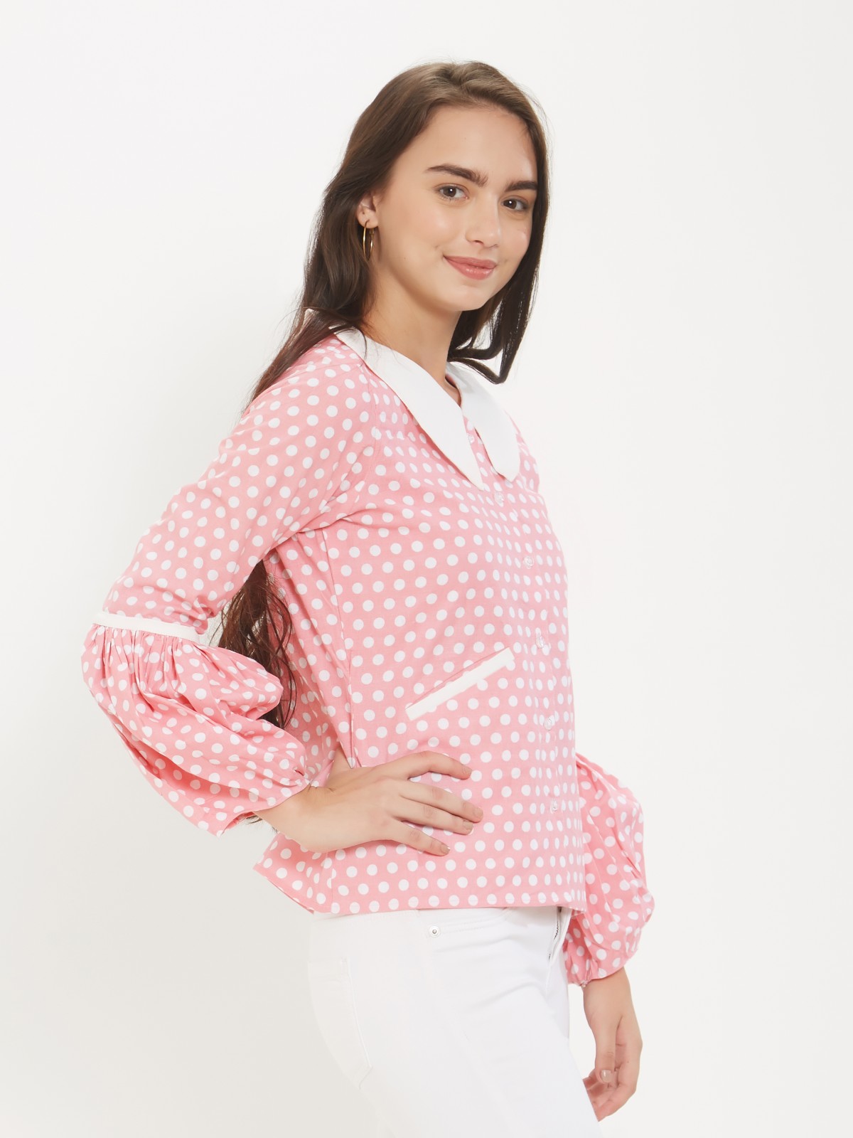  Exclusive Cotton Linen Vintage Styled Pink Polka Dots Top