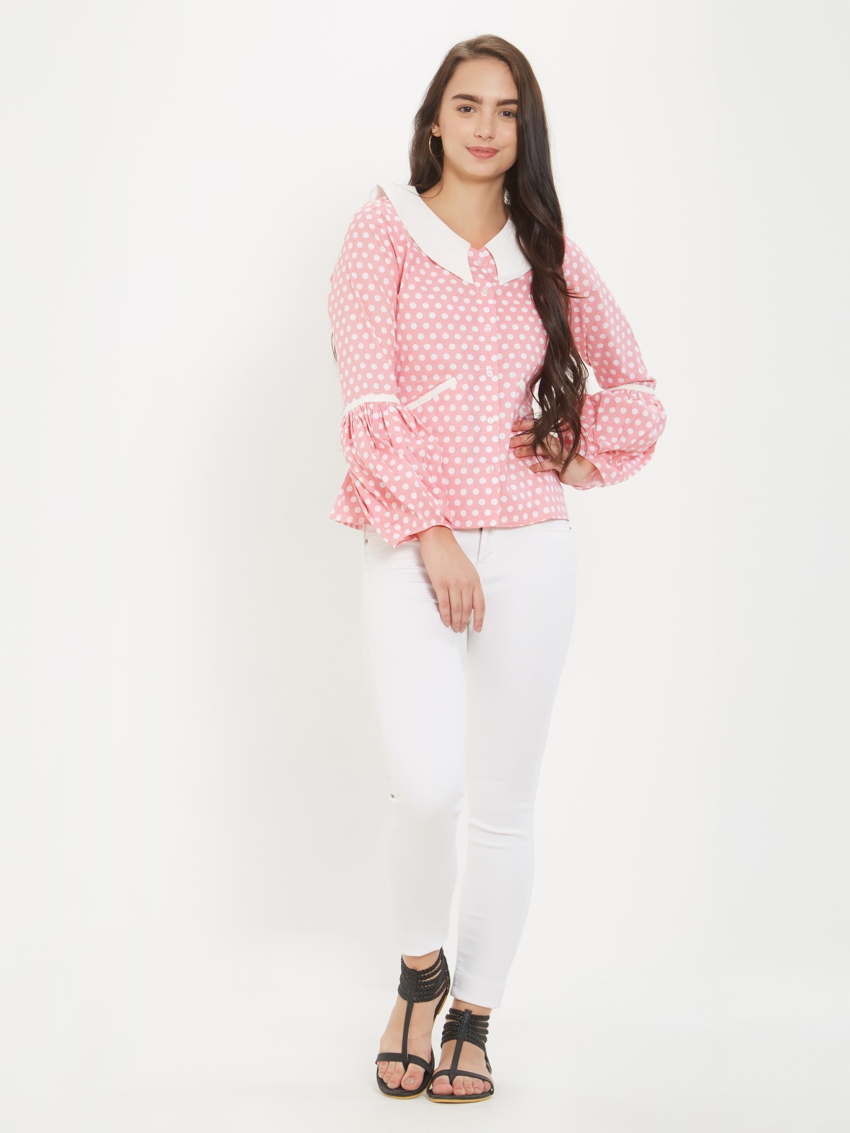  Exclusive Cotton Linen Vintage Styled Pink Polka Dots Top