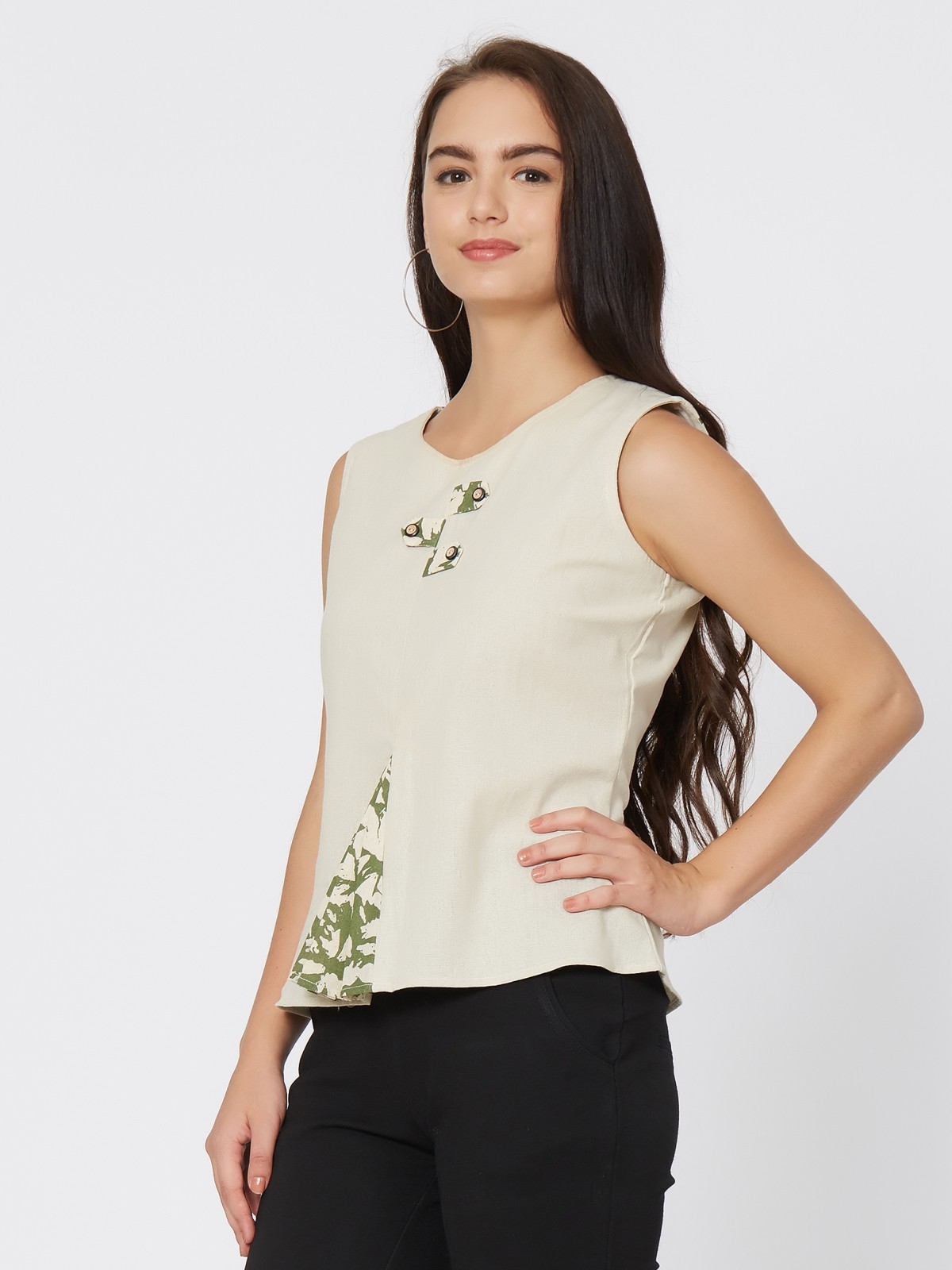  Exclusive Cotton Stylish Beige Green Floral Printed Top