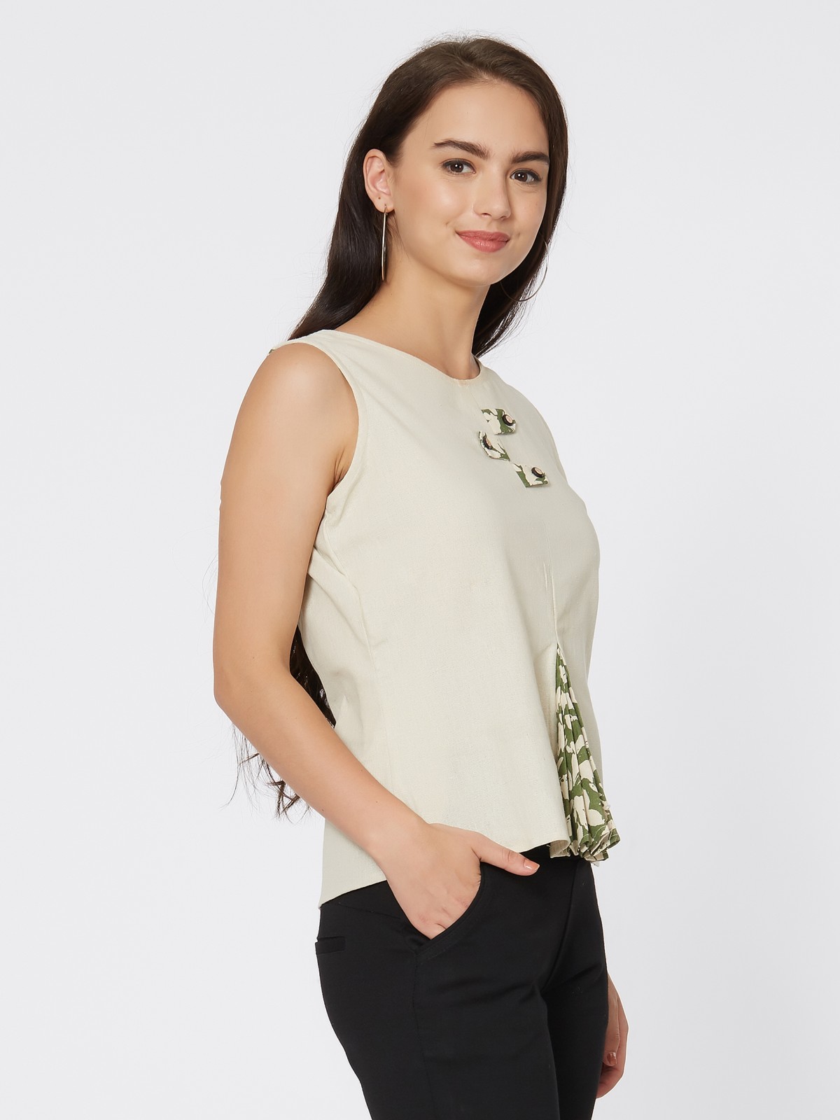  Exclusive Cotton Stylish Beige Green Floral Printed Top