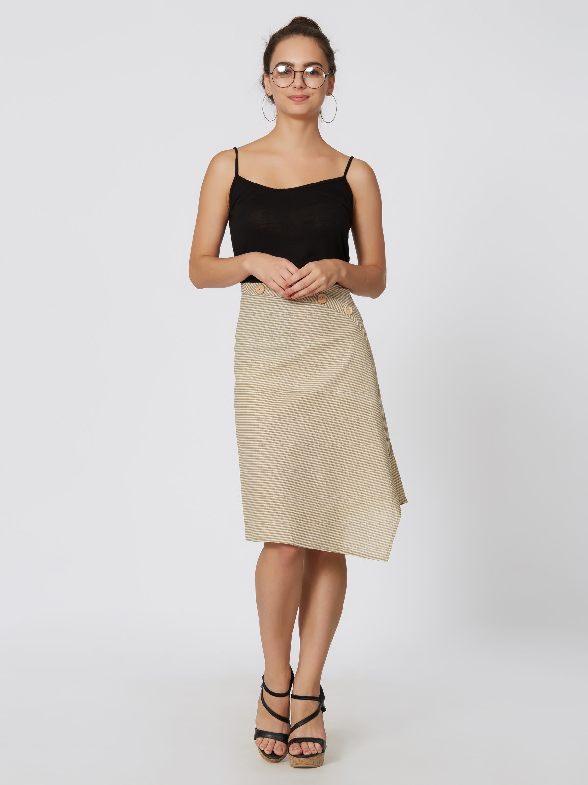 Stylish Cotton Linen Beige Color Striped Women's Skirt