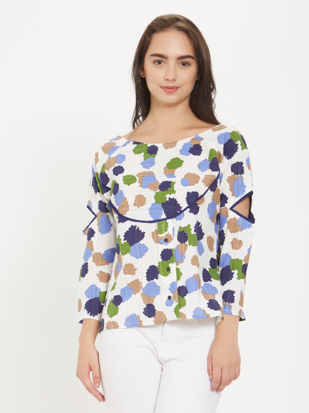 Trendy White Multi Printed Women's Full Sleeve Top 