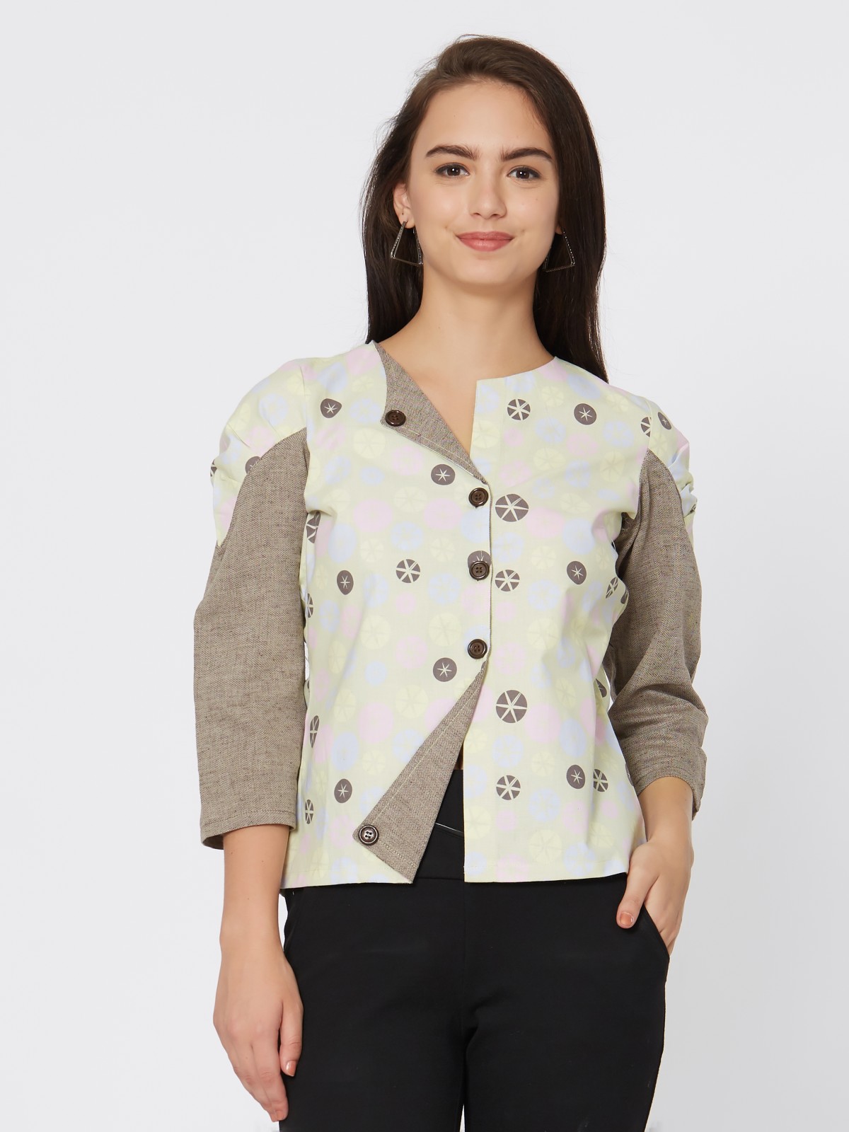 Trendy Cotton Linen Printed Designer Full Sleeve Top 