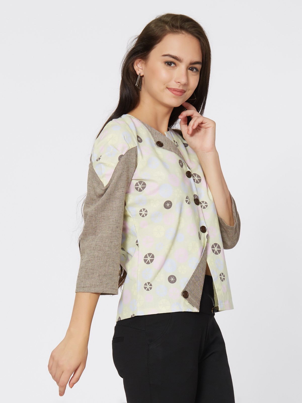 Trendy Cotton Linen Printed Designer Full Sleeve Top 