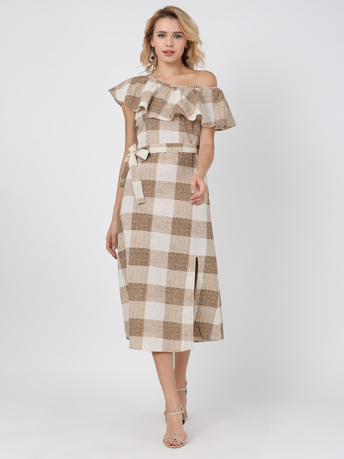 Beige Checks Off Shoulder Cotton Linen One Piece Dress