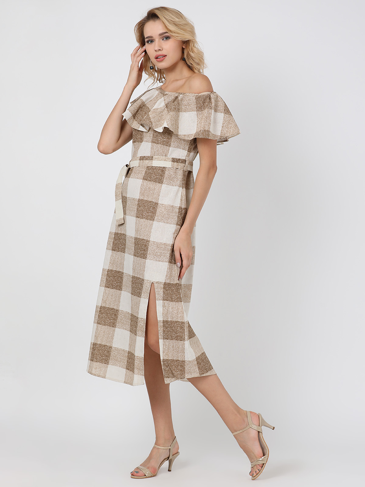 Beige Checks Off Shoulder Cotton Linen One Piece Dress