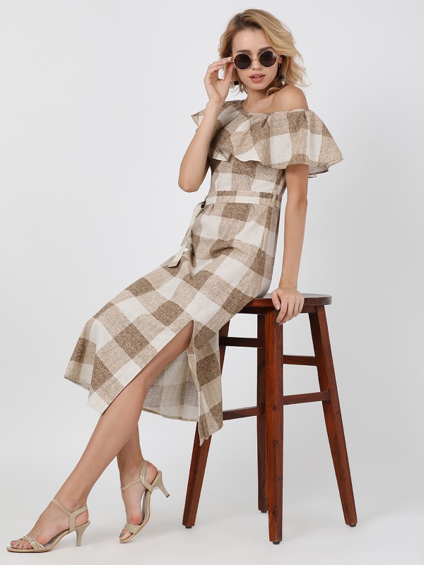 Beige Checks Off Shoulder Cotton Linen One Piece Dress