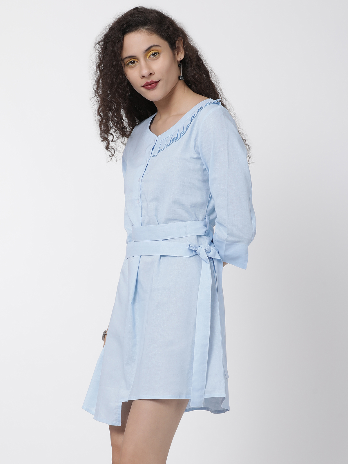  Pretty Blue Cotton Linen Casual One Piece With Self Tie Belt