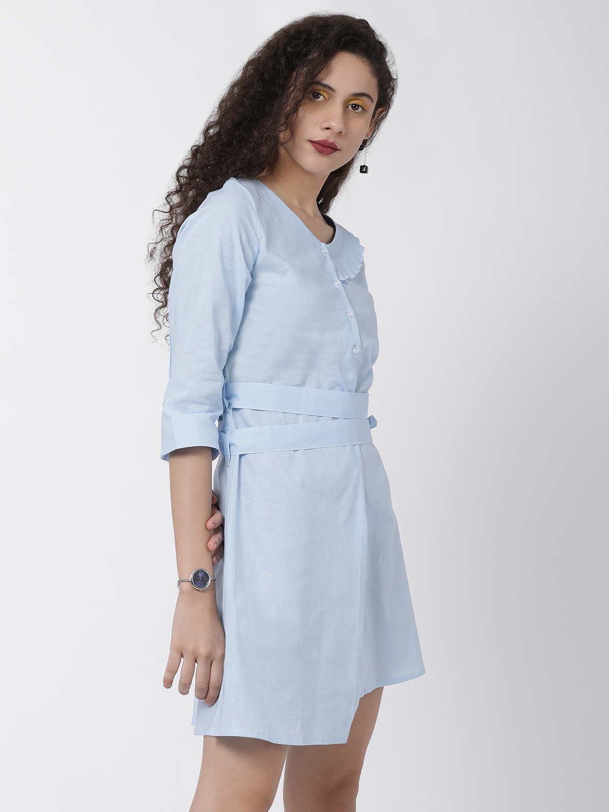  Pretty Blue Cotton Linen Casual One Piece With Self Tie Belt