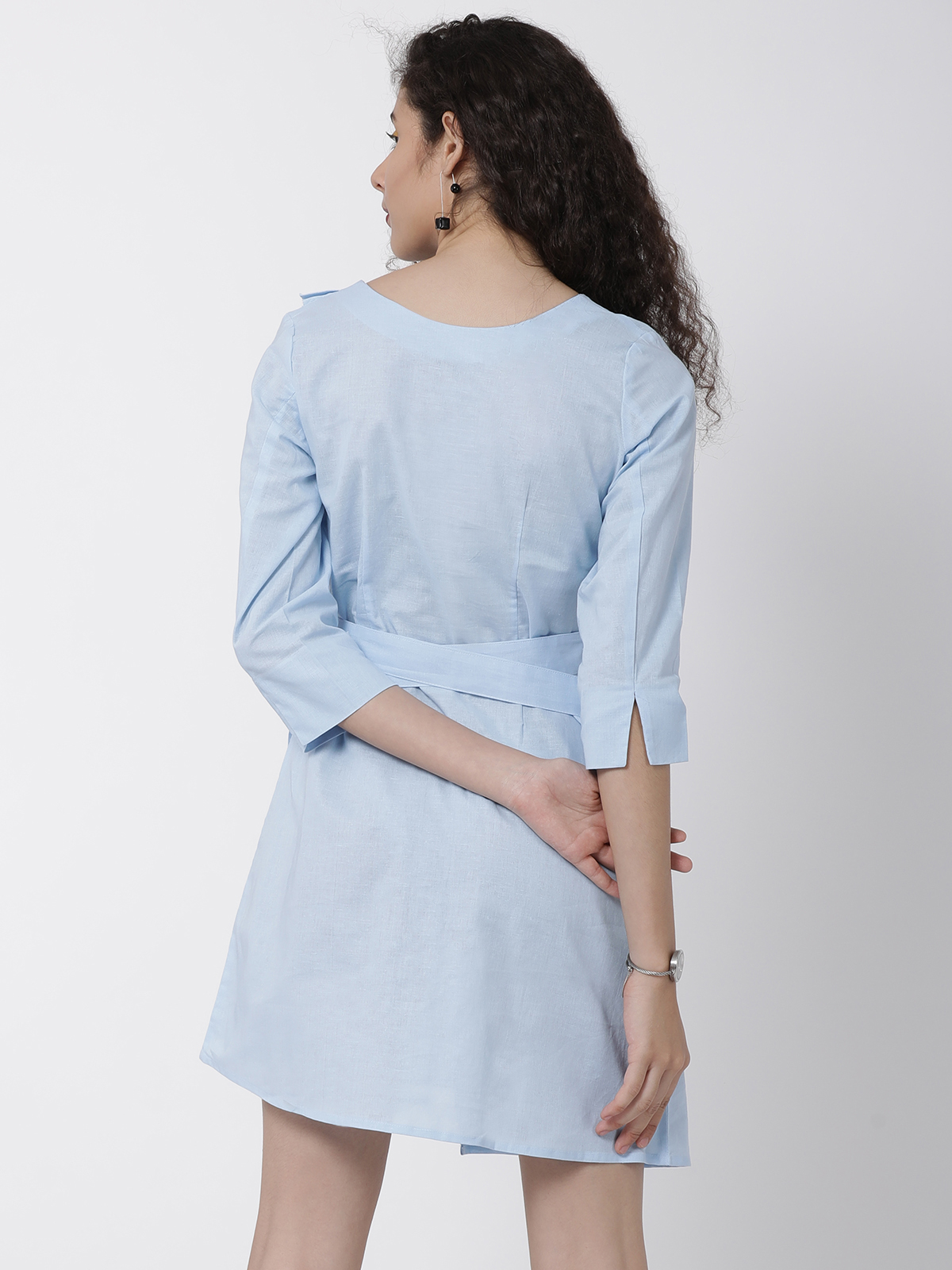  Pretty Blue Cotton Linen Casual One Piece With Self Tie Belt