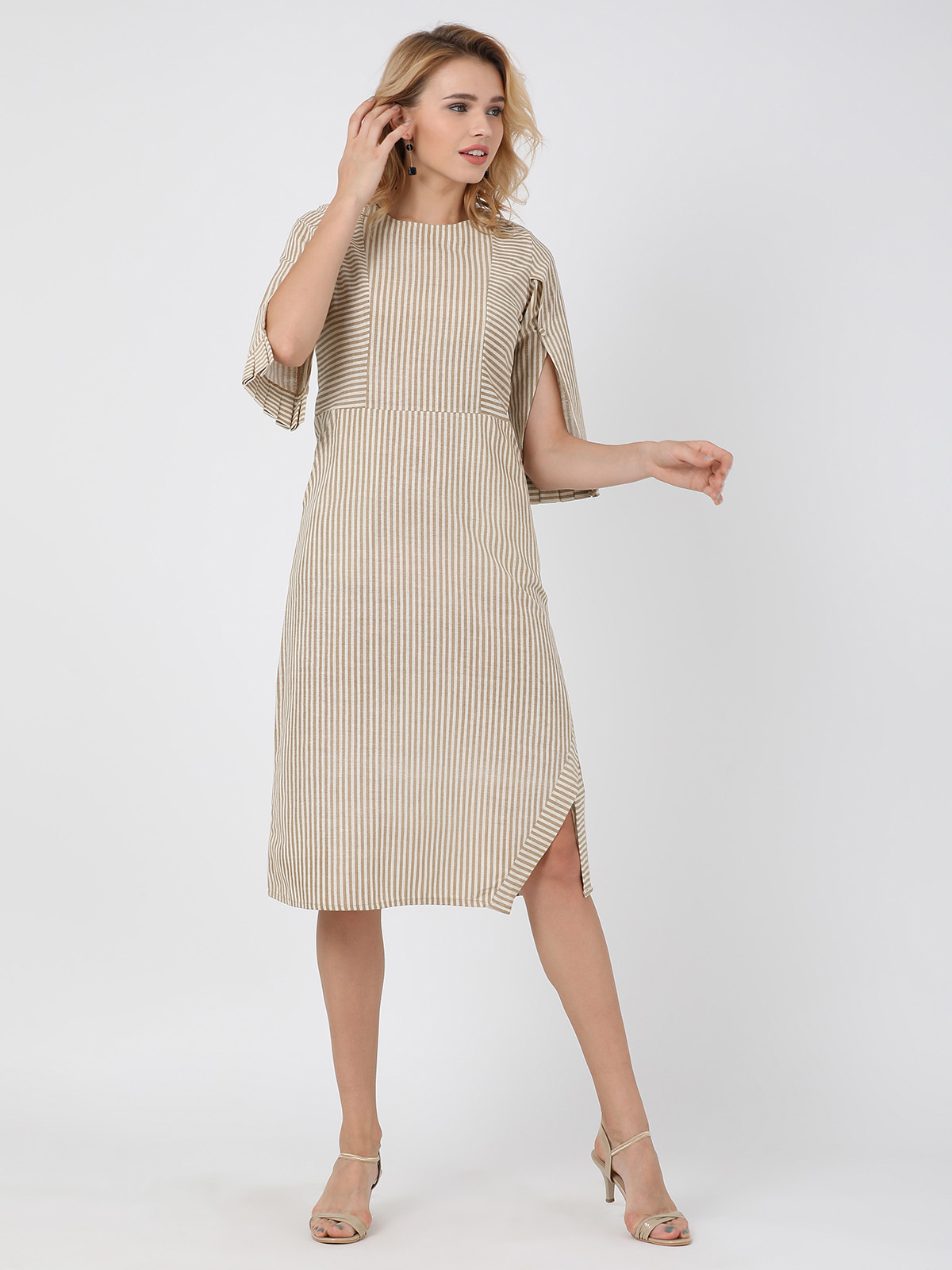 Smartly Cotton Linen 3/4th Open Sleeve One Piece Dress