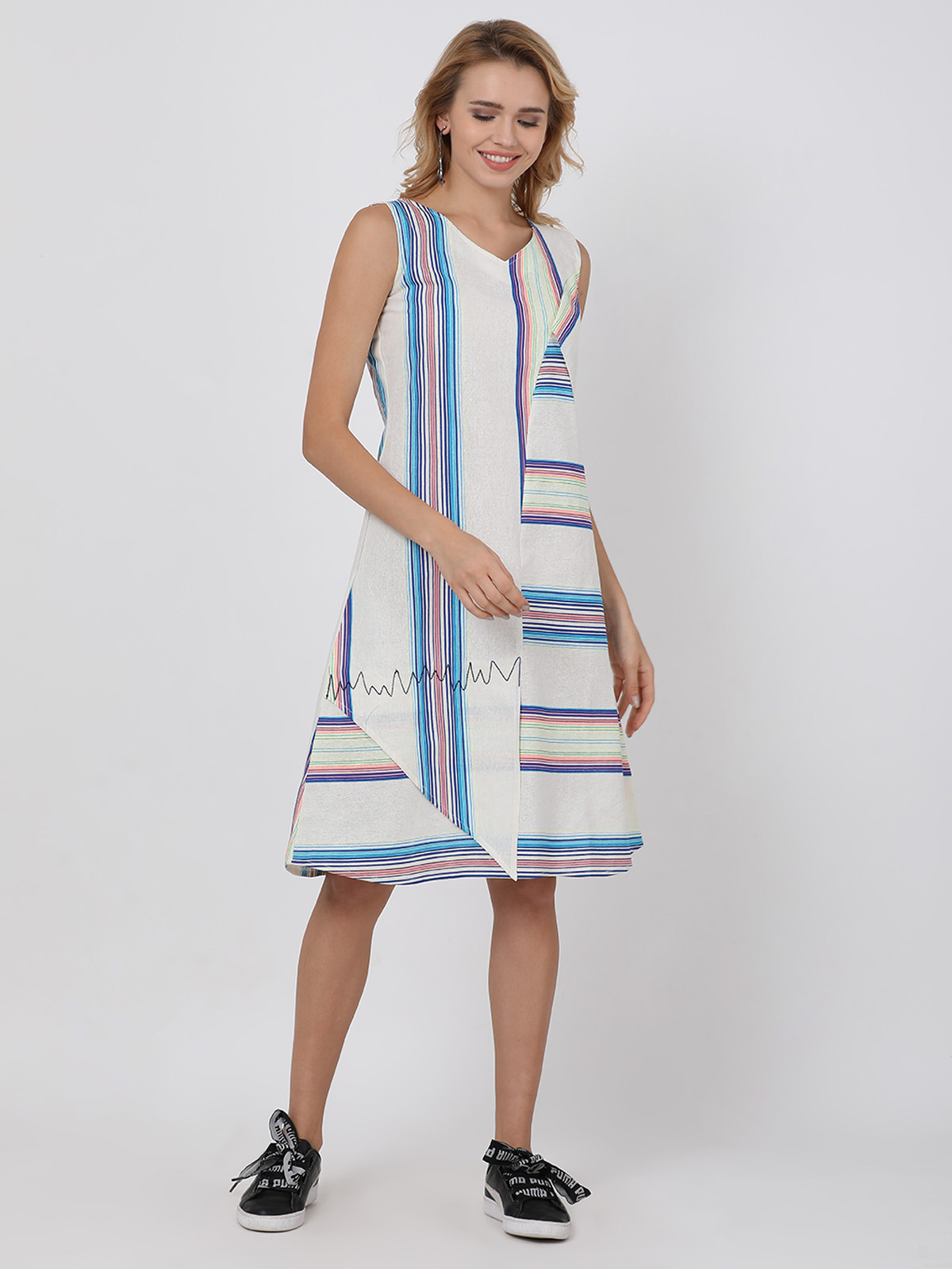 Sophisticated White Multi Colored Striped One Piece A Line Dress 