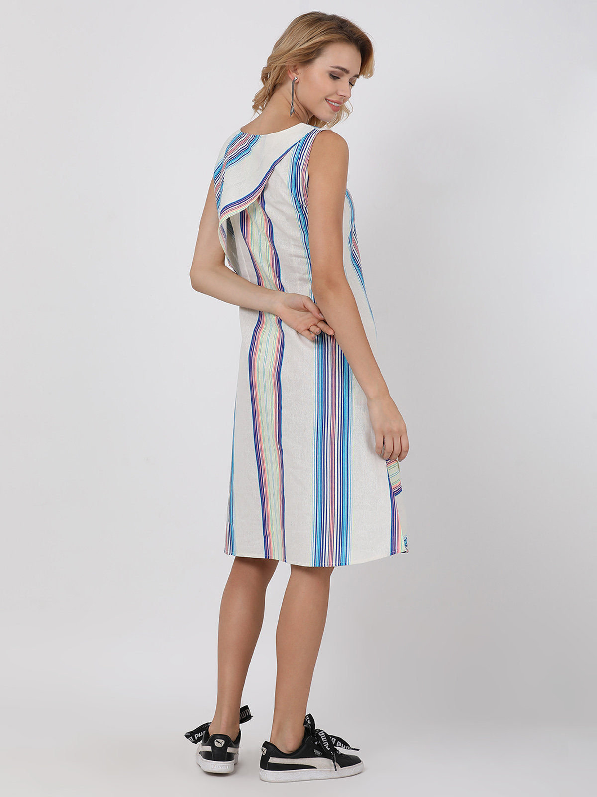 Sophisticated White Multi Colored Striped One Piece A Line Dress 