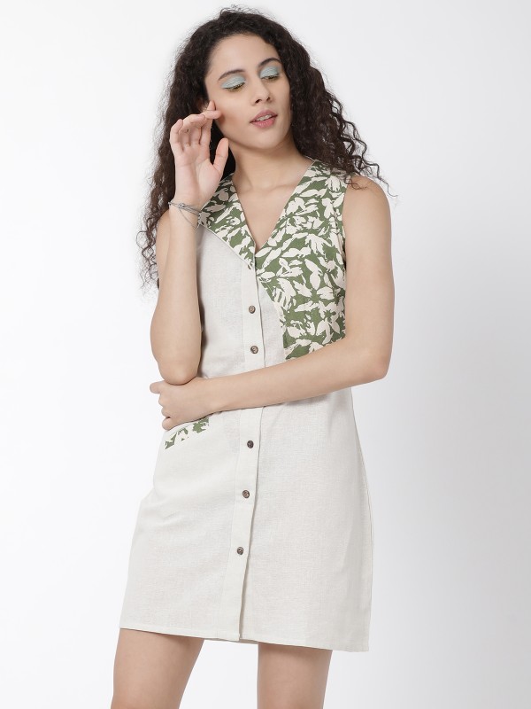 Gorgeous Beige With Green Printed Flap Collar A Line One Piece 