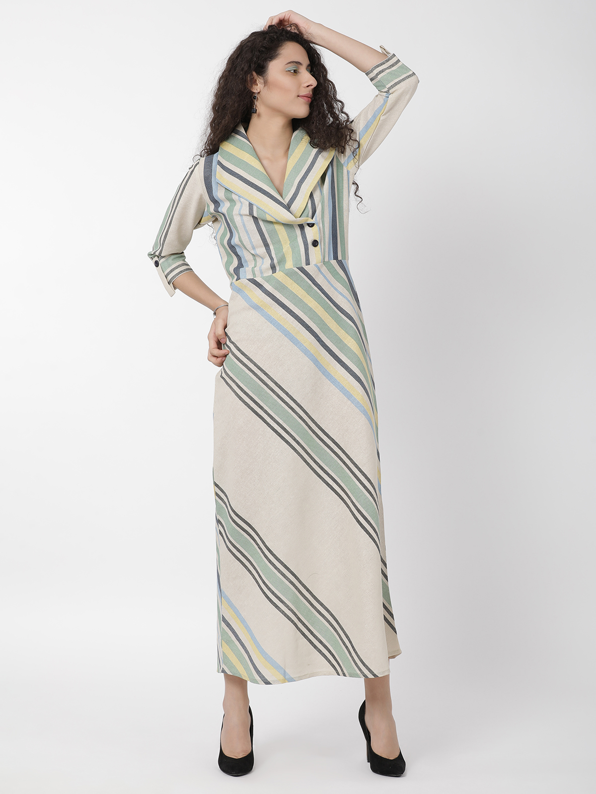 Gorgeous Cotton Linen Beige Striped Printed Floral Floor Length Dress