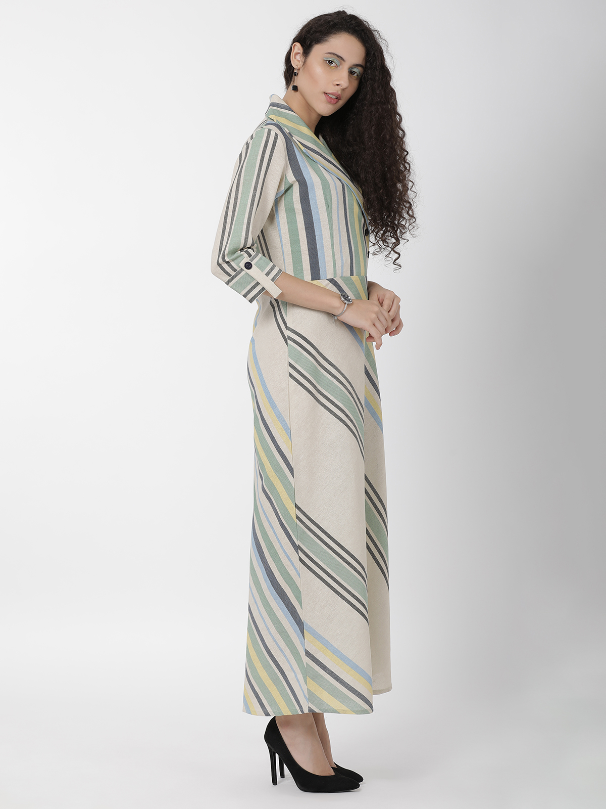Gorgeous Cotton Linen Beige Striped Printed Floral Floor Length Dress