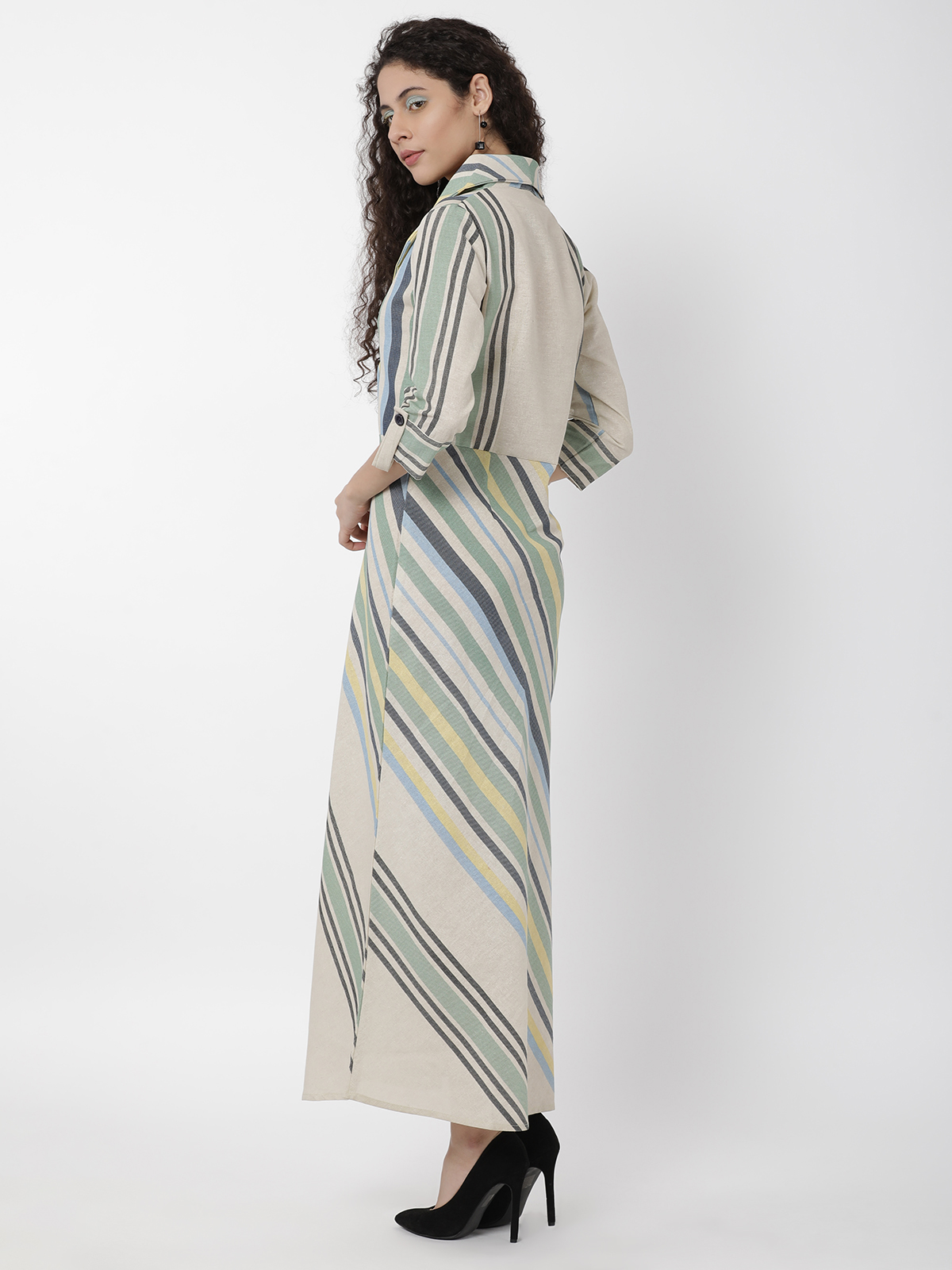 Gorgeous Cotton Linen Beige Striped Printed Floral Floor Length Dress