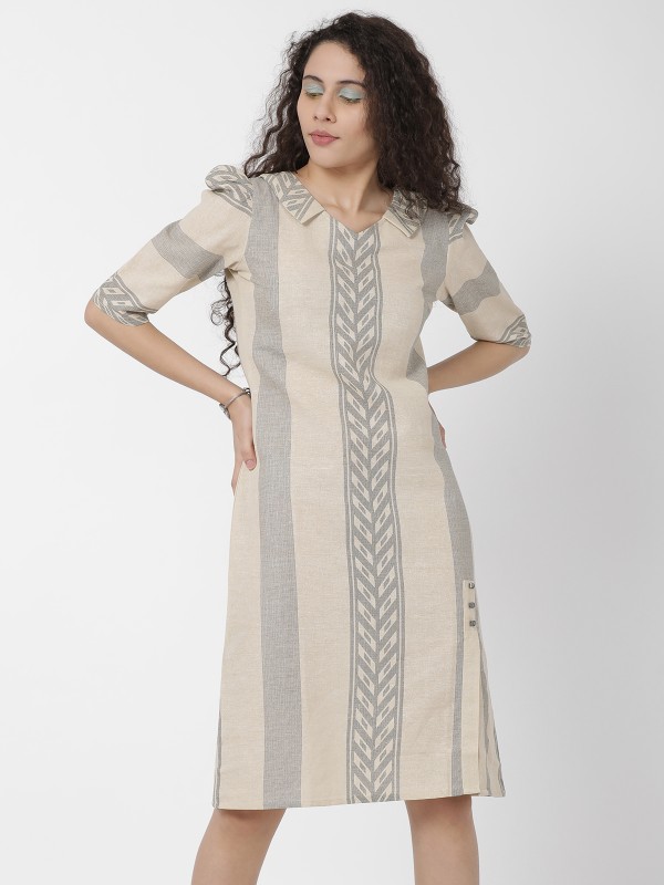 Smartly Design Vintage Print Beige Cotton Linen One Piece Dress