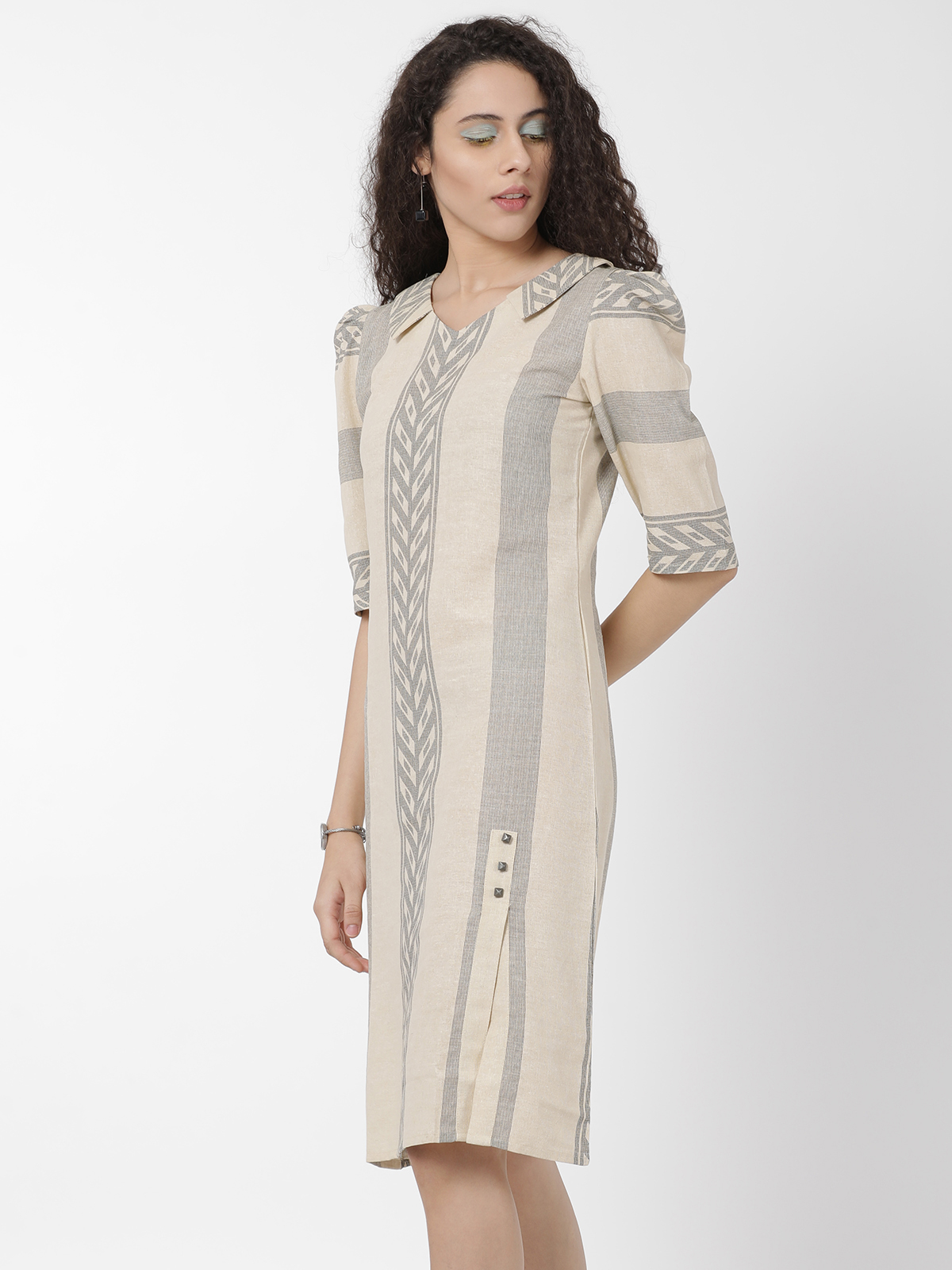 Smartly Design Vintage Print Beige Cotton Linen One Piece Dress