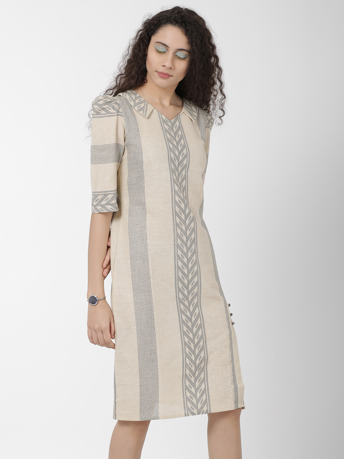 Smartly Design Vintage Print Beige Cotton Linen One Piece Dress