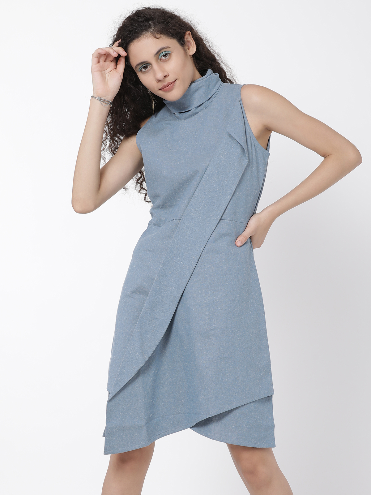 Smart Blue Cotton Linen Round Neck One Piece Dress