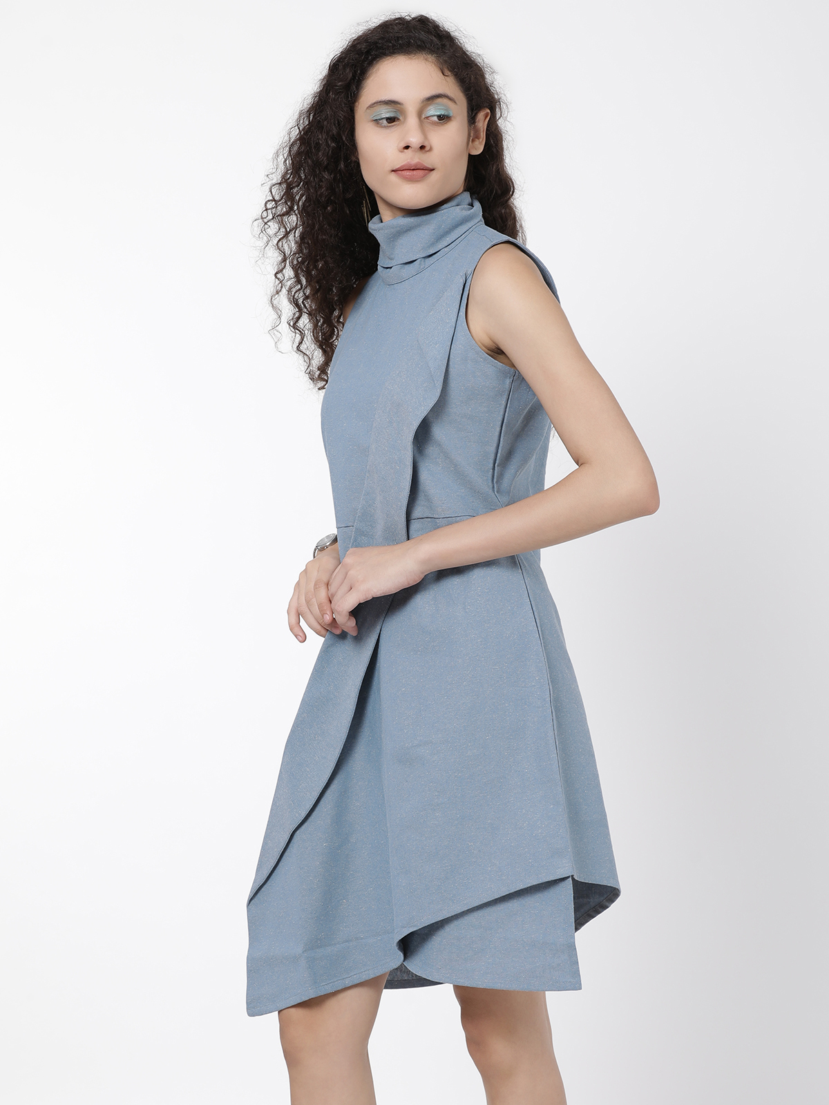 Smart Blue Cotton Linen Round Neck One Piece Dress