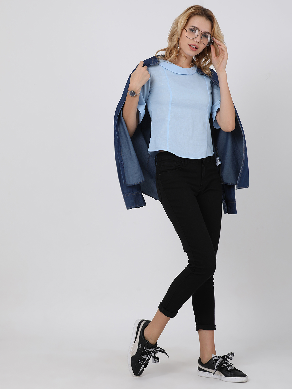 Solid Blue Mid Length Round Neck Top