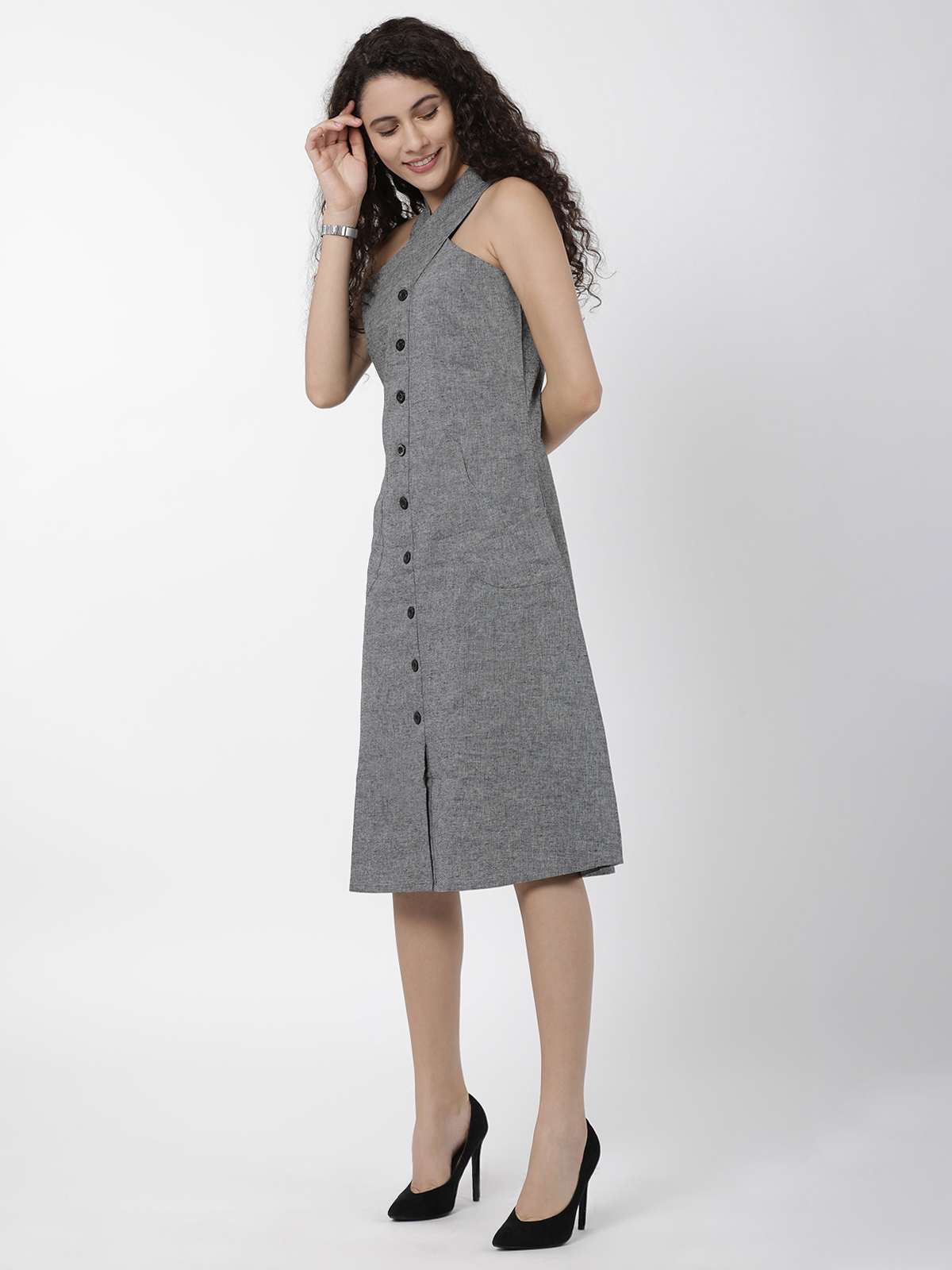 Solid Grey High Neck A Line One Piece Dress