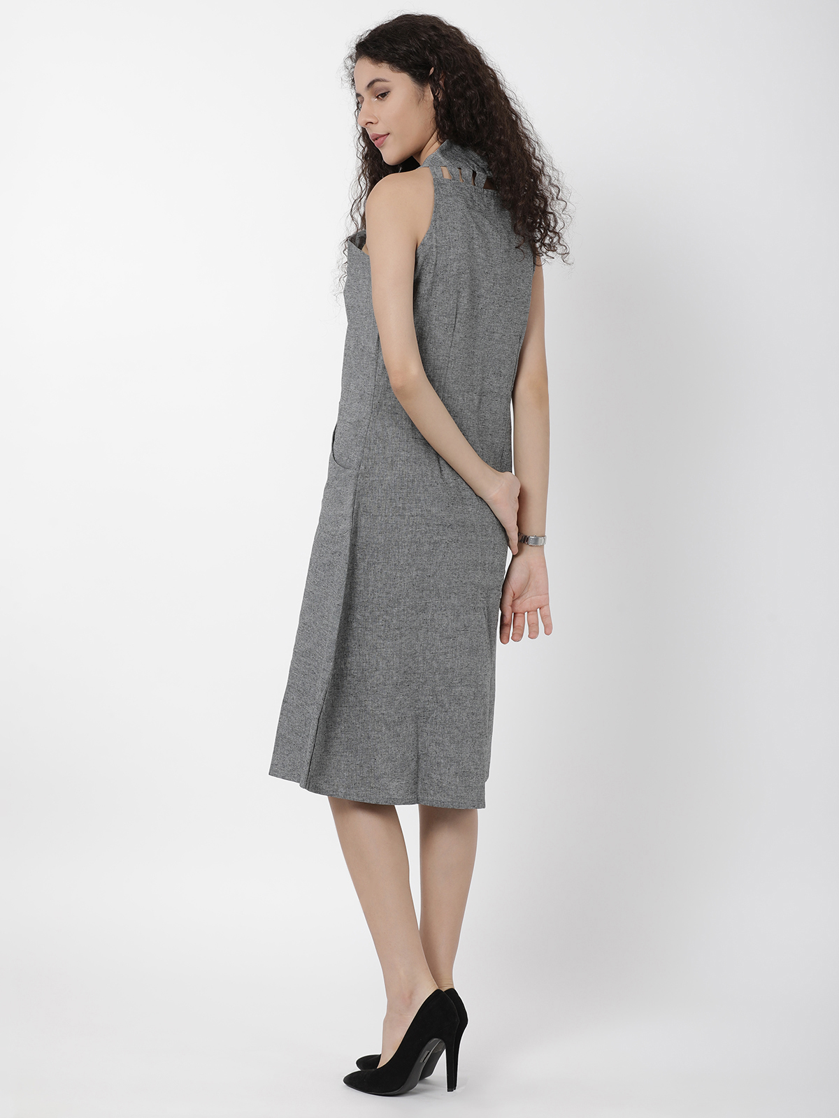 Solid Grey High Neck A Line One Piece Dress