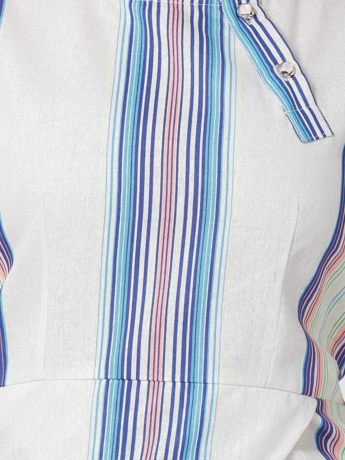 White Multi Color Stripes Cotton Linen Boat Neck Top