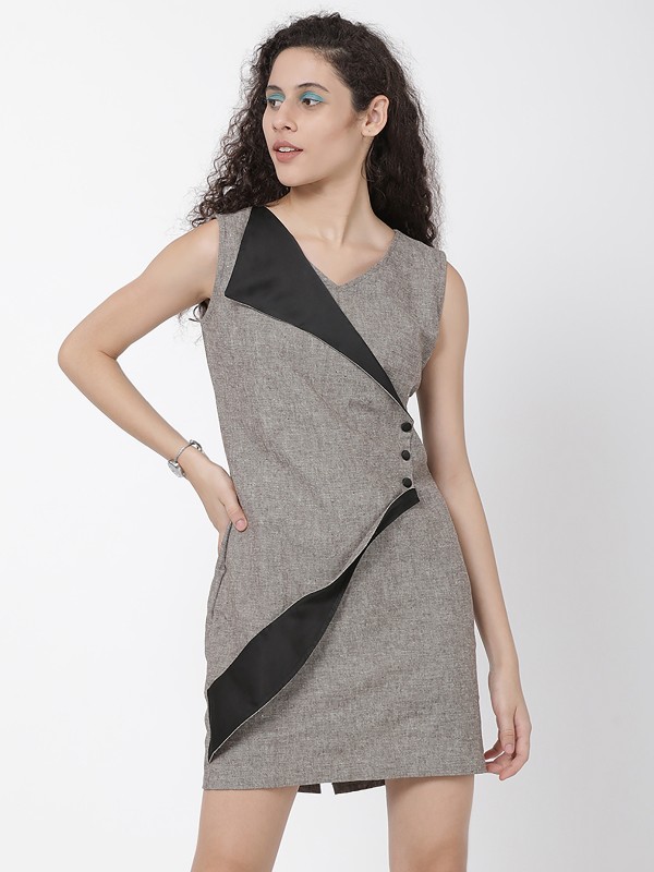 Solid Grey Cotton Linen One Side Collar Dress