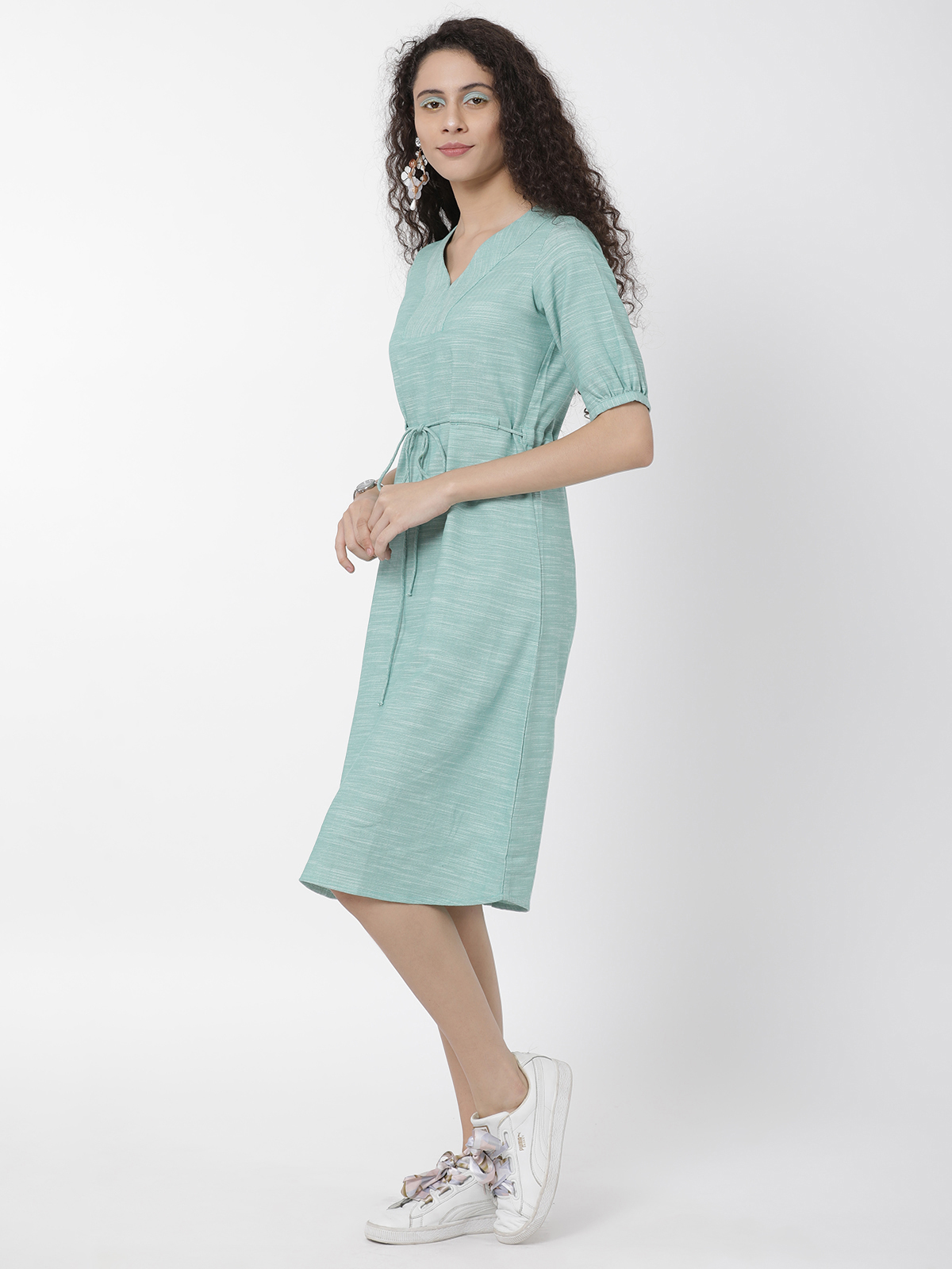 Solid Sea Green Cotton Linen 3/4th Sleeve One Piece Dress