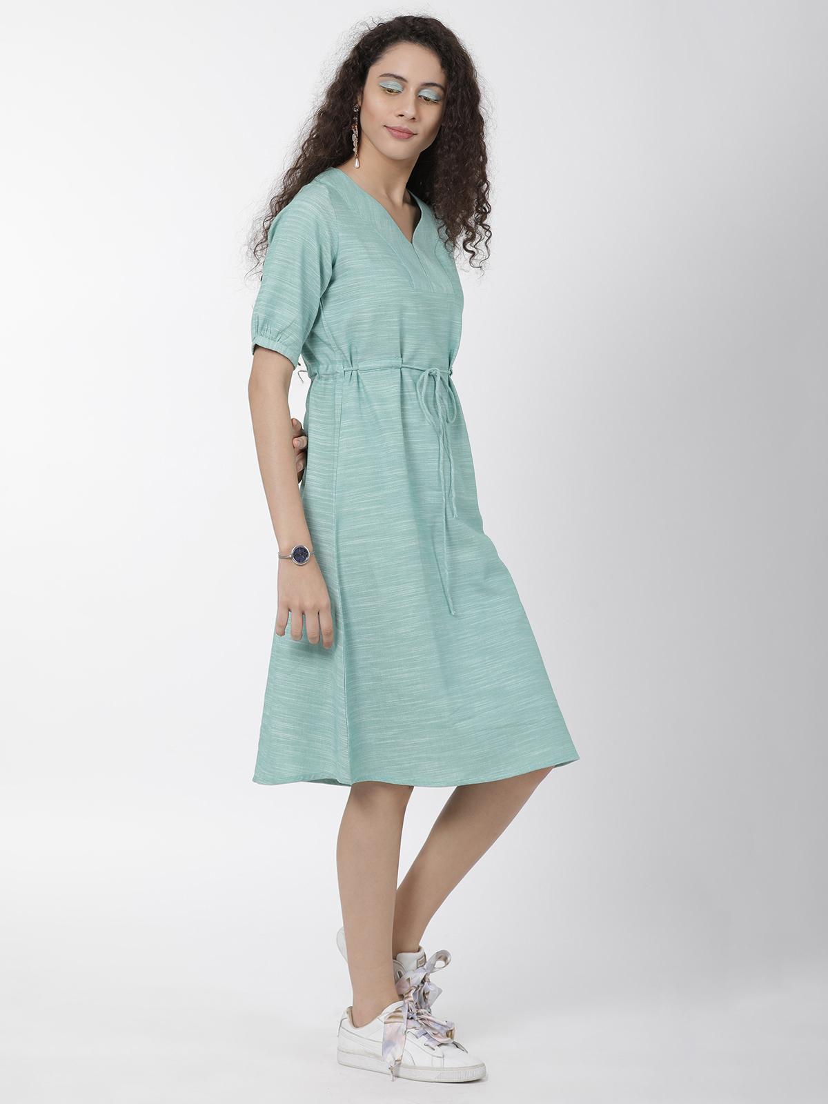 Solid Sea Green Cotton Linen 3/4th Sleeve One Piece Dress