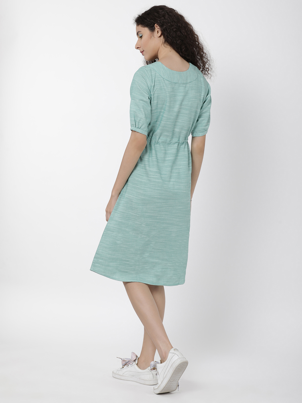 Solid Sea Green Cotton Linen 3/4th Sleeve One Piece Dress