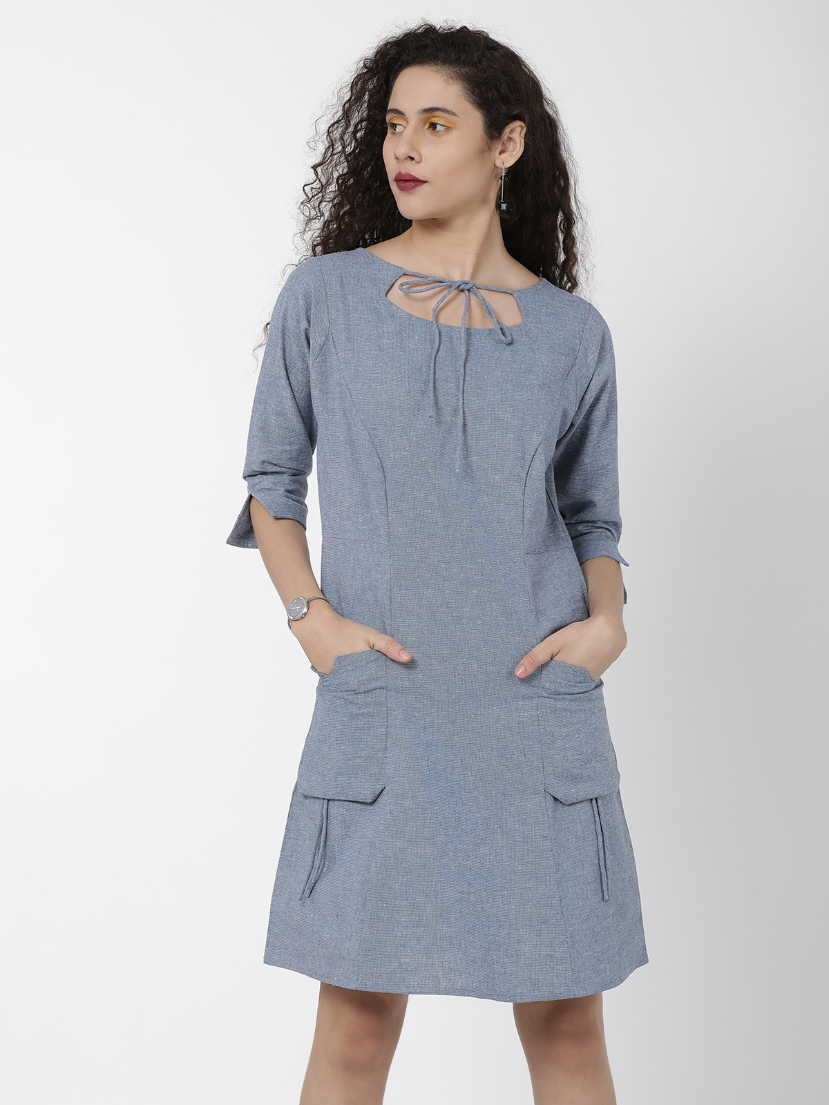 Solid Blue Cotton Linen Princess Tie Knot Mini One Piece Dress