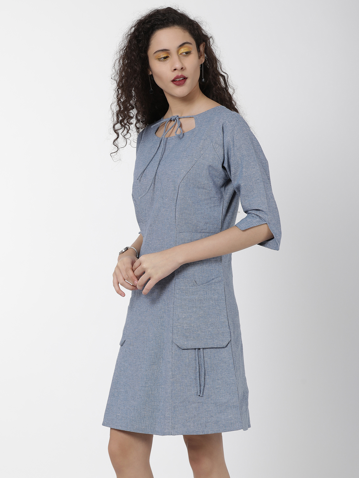 Solid Blue Cotton Linen Princess Tie Knot Mini One Piece Dress